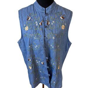 Vintage Womens Blue Jean Tank Top Shirt Bird Embroidery XL Mandarin Collar